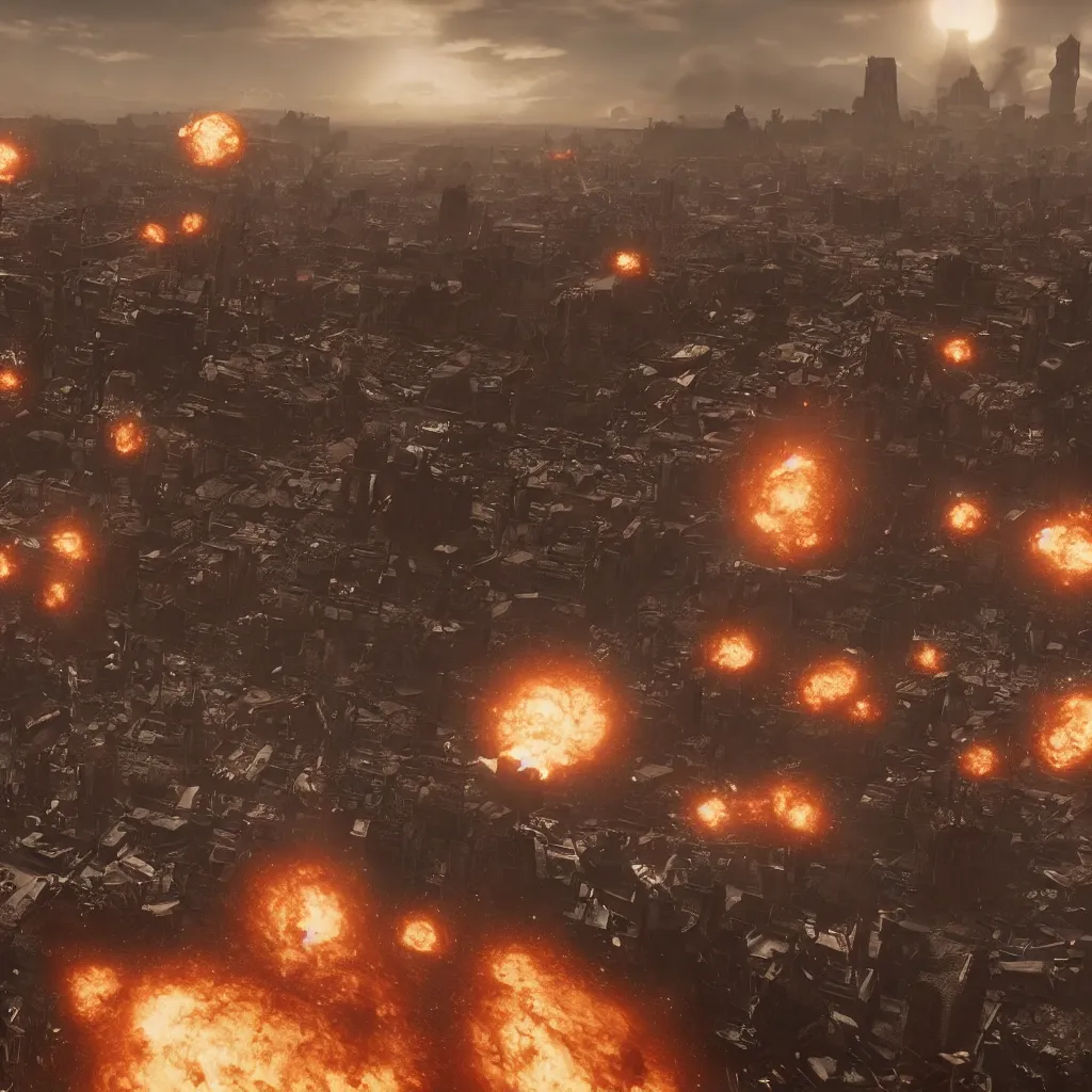 Image similar to a highly detailed atomic bomb detonated above the city, 8 k, chaotic atmopshere, unreal engine, cinematic, touching, very detailed