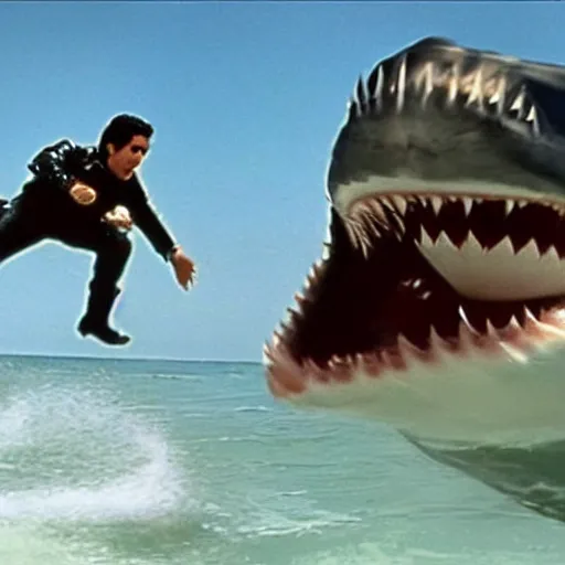 Prompt: a still of arthur fonzarelli jumping over a shark with his motorbike