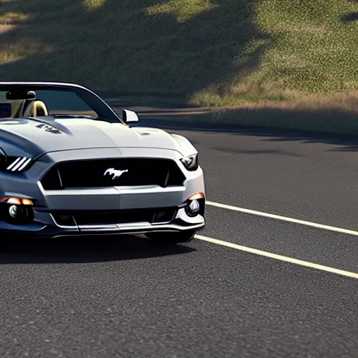 Prompt: black ford mustang gt convertible with roof down, driven by a cool blonde long haired monkey, 4 k, super realistic, unreal engine, details, full car view, sunny day