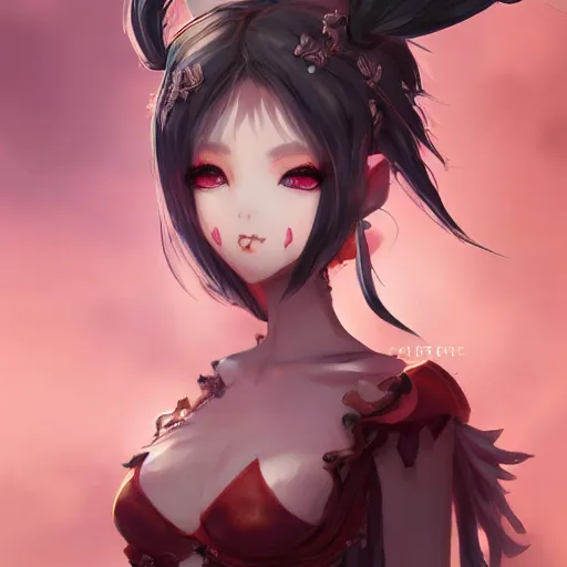 Image similar to character concept art of an anime demon goddess | | cute - fine - face, pretty face, fangs, realistic shaded perfect face, fine details by stanley artgerm lau, wlop, rossdraws, james jean, andrei riabovitchev, marc simonetti, and sakimichan, tranding on artstation