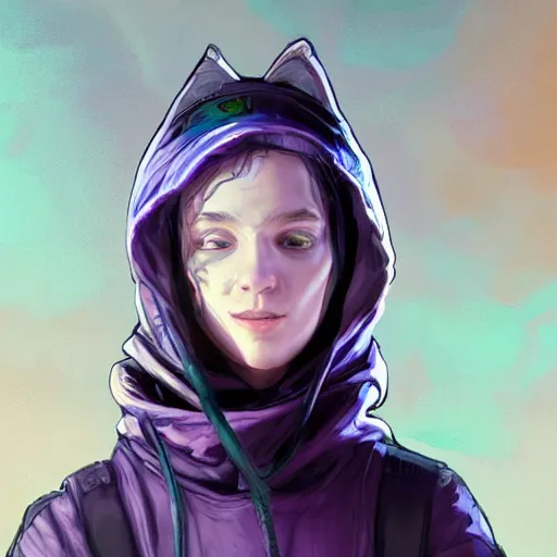 Image similar to a pale skinny young girl with purple hair, 1 8, in a black hoodie, and a cat, apex legends character, digital illustration portrait design, by android jones and greg rutkowski, retrowave color scheme, detailed, cinematic lighting, wide angle action dynamic portrait