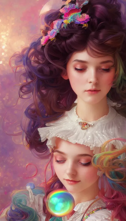 Prompt: portrait of magical lolita girl, dreamy and ethereal, vivid rainbow eyes, peaceful expression, ornate frilly dress, fantasy, intricate, elegant, rainbow bubbles, highly detailed, digital painting, artstation, concept art, smooth, sharp focus, illustration, art by artgerm and greg rutkowski and alphonse mucha
