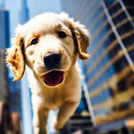 Prompt: a cute retriever puppy in the middle of a busy street with skyscrapers, low angle camera, cinematic, very detailed, 4 k, depth of field