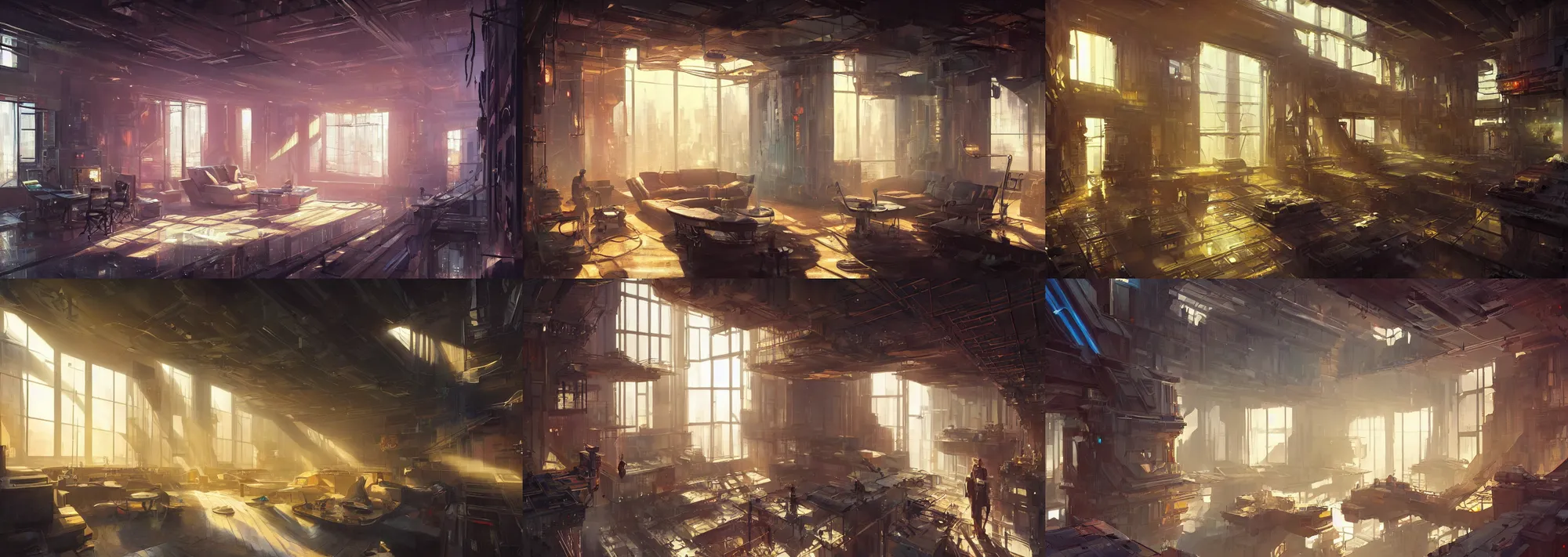 Prompt: picture of an interior loft in morning, luxury, interior design, tall windows, science - fiction, cyberpunk city, first light, sunshafts, volumetric lights, colorful, concept art, art station, by darek zabrocki