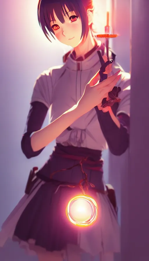 Prompt: beautiful anime girl holding a light source inside her hand, wearing samurai armor, expert high detail concept art, character design, perfect proportions defined faces, vivid colors, photorealistic shaded lighting poster ilya kuvshinov, katsuhiro, makoto shinkai, wlop, loish and clamp style, trending on artstation, best selling artist