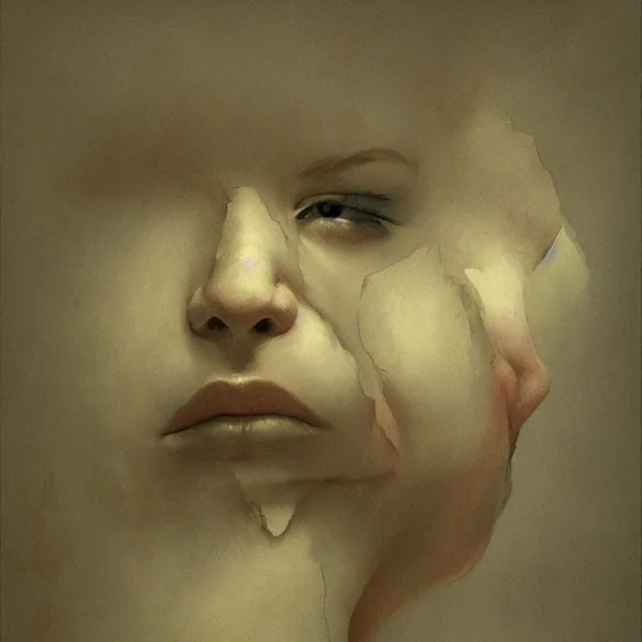 Image similar to woman pushing face through paper, artstation, art by, , edward hopper, Zdzislaw Beksinski, highly detailed