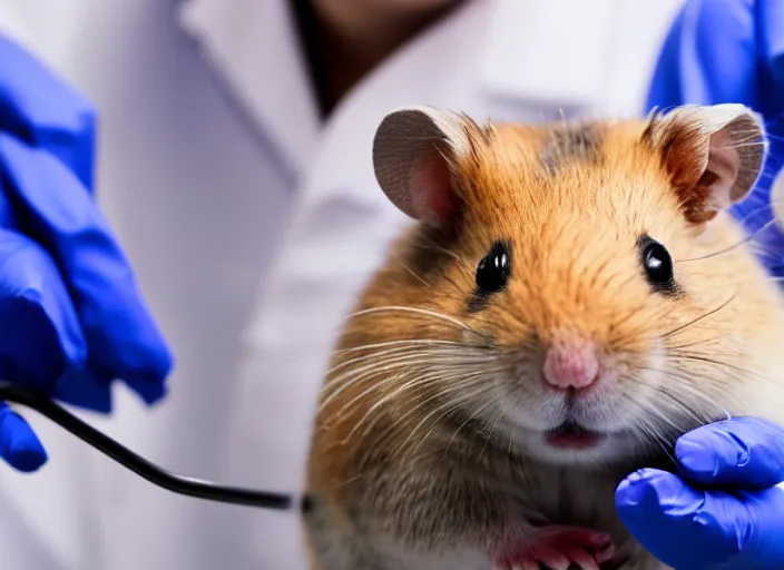 Image similar to film still of a hamster working in a research lab finding the cure for cancer, 8 k