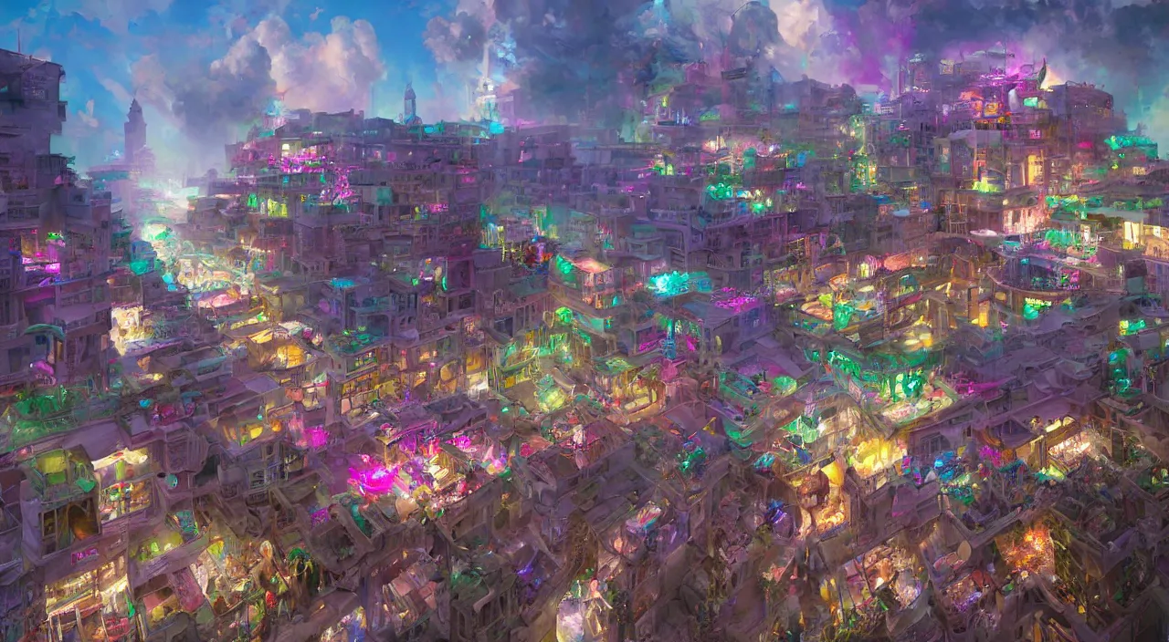 Image similar to bazaar zouk place aladin block greeble multicolorful sky shine mattepainting, street art, trending on artstation, by huang guangjian and gil elvgren and sachin teng