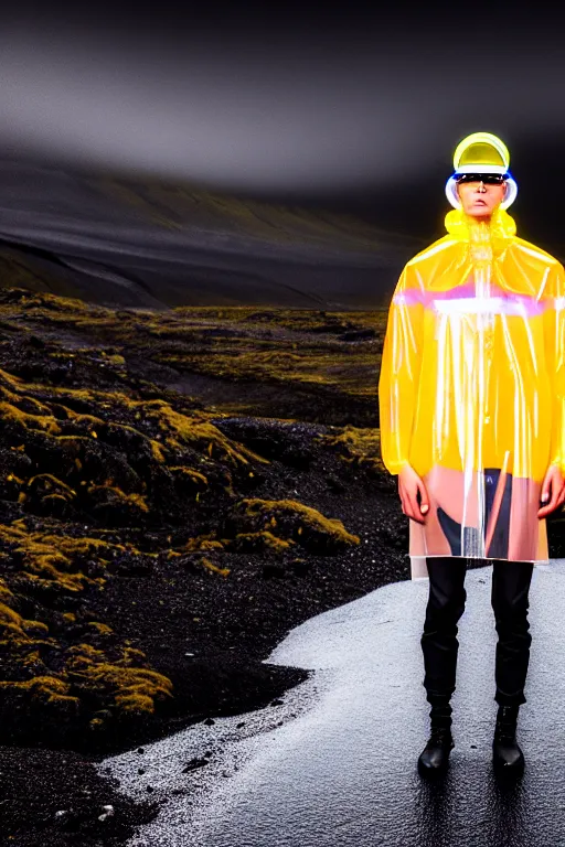 Image similar to an ultra high definition professional high fashion portrait studio full length photograph of a male model wearing a transparent pearlescent raincoat and neon visor in an icelandic black rock environment at dawn. no artefacts. extremely detailed. stark. refraction. shallow depth of field. volumetric light and shadow. ray tracing. light rays.