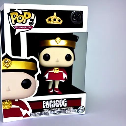 Image similar to A funko pop of a bag of a pig in a gold crown