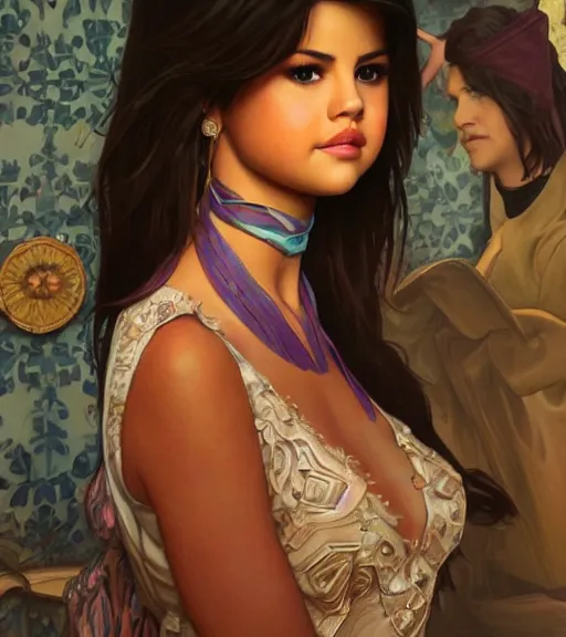 Prompt: still of Selena Gomez on the TV show two and a half men, intricate, elegant, highly detailed, digital painting, artstation, concept art, smooth, sharp focus, illustration, art by artgerm and greg rutkowski and alphonse mucha