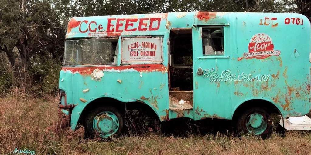 Image similar to an abandoned ice cream truck from the 6 0 s, with the words free ice cream and a logo for the ice cream company algida