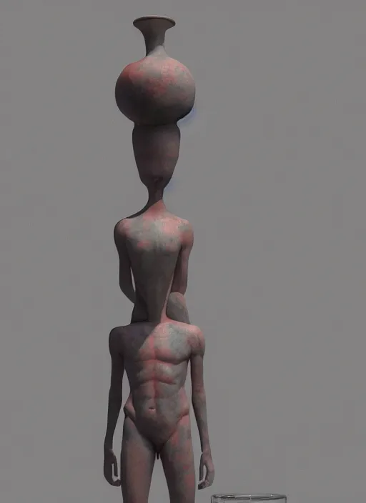 Image similar to a sculpture of a man standing next to a tall vase, a raytraced image by Hikari Shimoda, polycount, video art, vray tracing, ray tracing, rendered in unreal engine