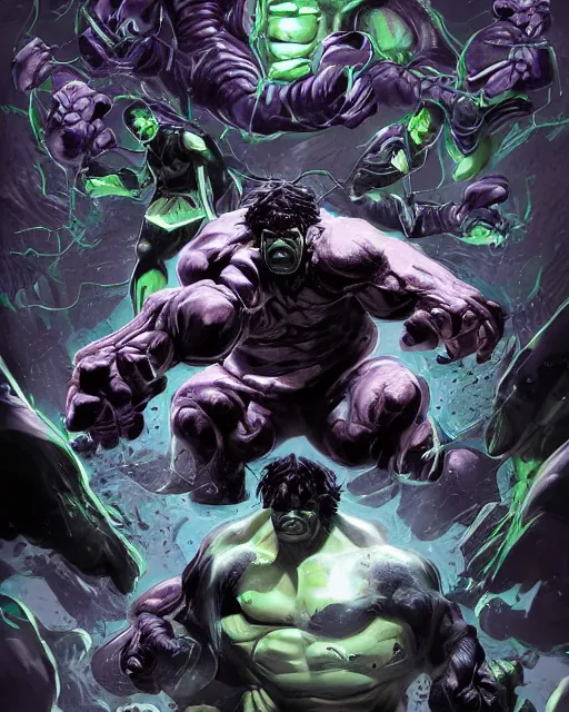 Image similar to hulk symbiote dynamic lighting, fantasy concept art, trending on art station, stunning visuals, creative, cinematic, ultra detailed, comic strip style