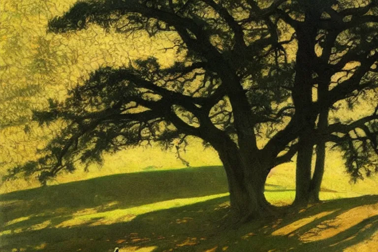 Image similar to masterpiece painting of oak trees on a hillside overlooking a creek, dramatic lighting, by jessie willcox smith