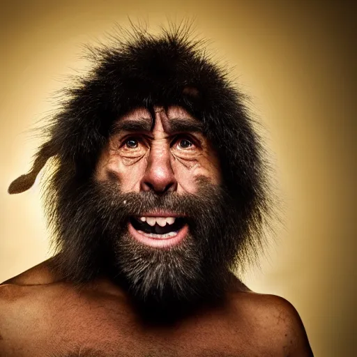 Prompt: Photo portrait Joe Rogan as a wax neanderthal cave man exaggerated brow wrapped in fur cloak screaming like a savage in the natural history museum background dramatic lighting 85mm lens by Steve McCurry