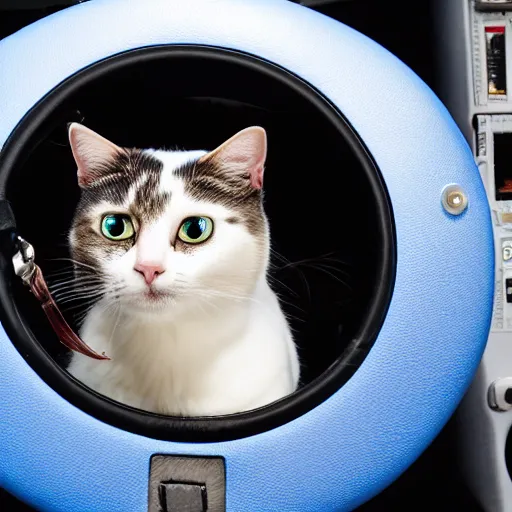 Image similar to A cat piloting an airplane, cat is holding the steering wheel, photography