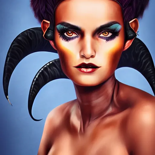 Image similar to illustrated realistic portrait of ram-horned devil woman with blue bob hairstyle and her tan colored skin and with solid black eyes wearing leather by rossdraws