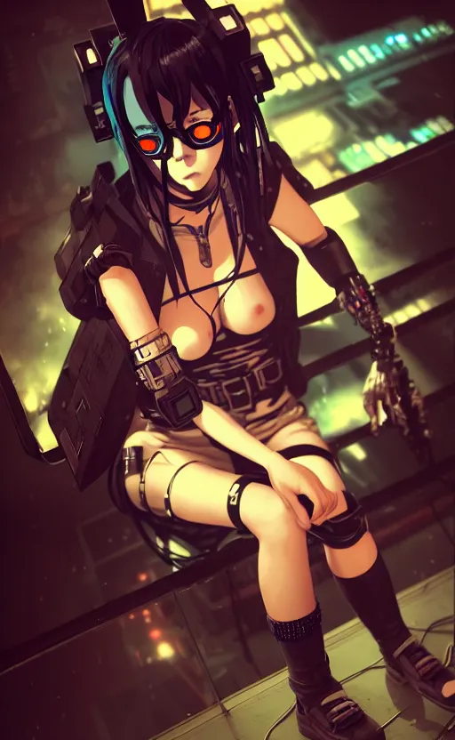 Image similar to cyberpunk anime girl sit in a night bar, cyberpunk oni mask, 3 / 4 shot, street night, beautiful face, grafity, arcane, detail, good face, pose model, concept art, in style of yoji shinkawa, pan ren wei, col price, atey ghailan, by greg rutkowski, aesthetic, digital painting, 3 d