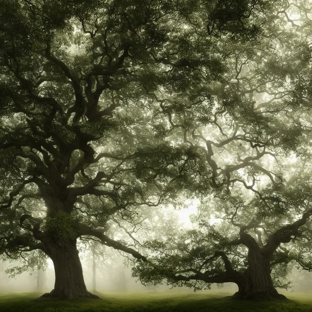 Prompt: old oak tree with one thick trunk with big tree hollow with rope ladder hanging down from the tree hollow, with foliage in four seasons colors, the tree is growing on a meadow, partially covered with morning fog, cinematic lighting, photo realistic image, 4K, super detailed, cinematic look