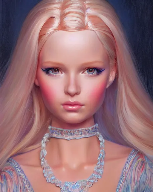 Image similar to human barbie portrait | highly detailed | very intricate | symmetrical | whimsical and magical | soft cinematic lighting | award - winning | closeup portrait | barbie doll | painted by donato giancola and mandy jurgens and charlie bowater | pastel color palette | featured on artstation