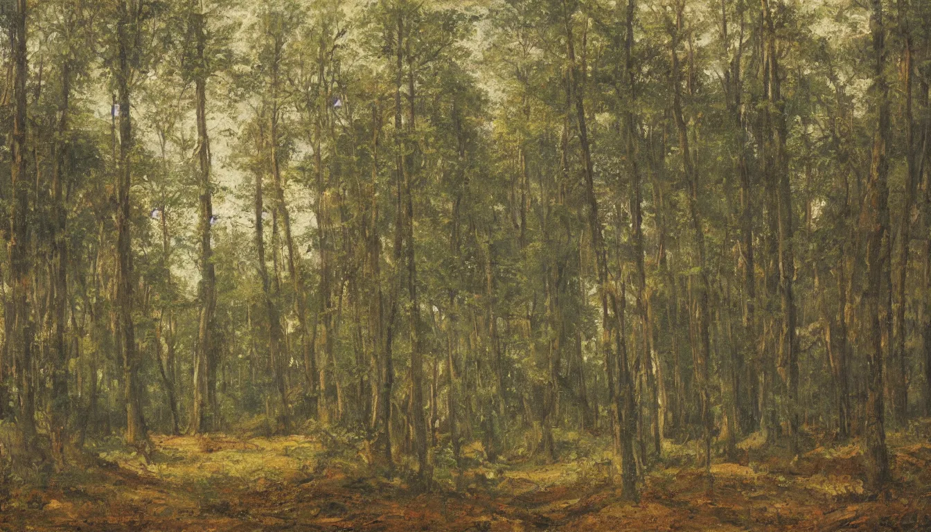 Image similar to a clearing in a forest painted by John Shroades