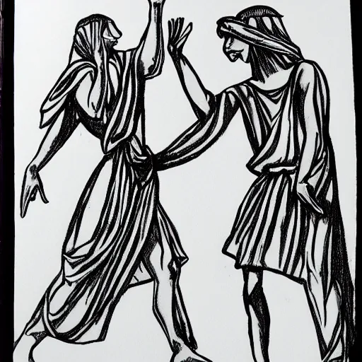 Image similar to a gesture draw of people in Biblical clothing dancing. Gesture draw, pen