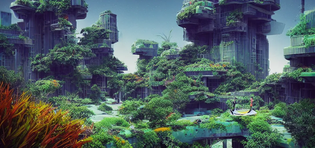 Image similar to a futuristic abandonded biome, gardens and orange brutalist buildings with plants growing on top sci - fi, digital art by beeple