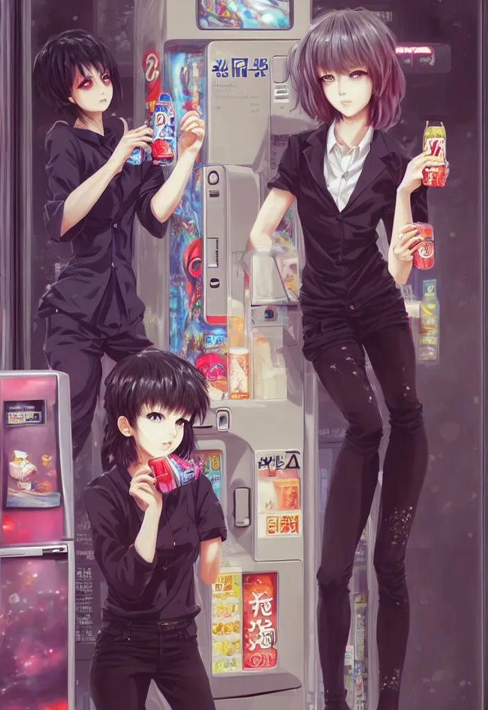 Image similar to two beautiful full body portrait anime females with short hair, fashion model bodies, standing in front of a vending machine in downtown Tokyo, drinking soda, D&D, fantasy, intricate, elegant, highly detailed, digital painting, artstation, concept art, smooth, sharp focus, illustration, art by artgerm and KyuYong Eom and WLOP and Krenz Cushart and greg rutkowski and alphonse mucha