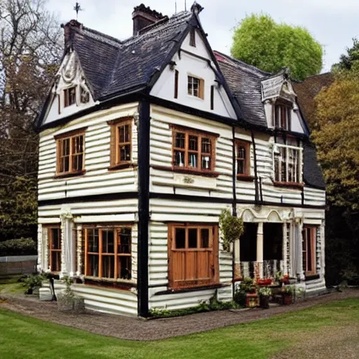 Image similar to an english victorian house built with wooden pallets