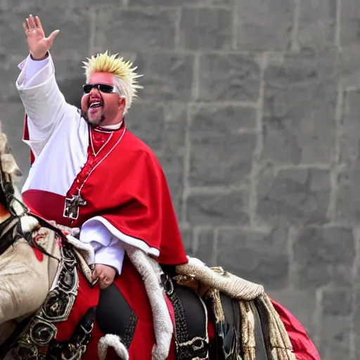 Image similar to guy fieri dressed as the pope, standing on a horse, the horse is staring at him, the crowd is filled with muppets, award winning photo,