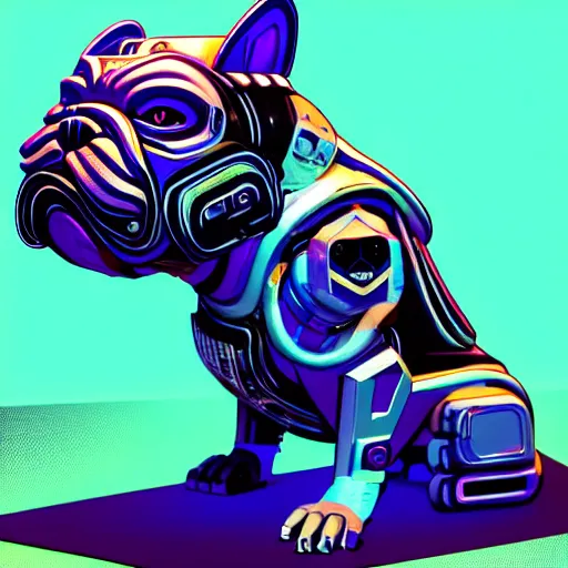 Prompt: « a comic styled cyborg bulldog sitting down, cyberpunk digital art by greg rutkowsky, illustration, colourful, sharp focus, highly detailed, future tech, sketchfab »