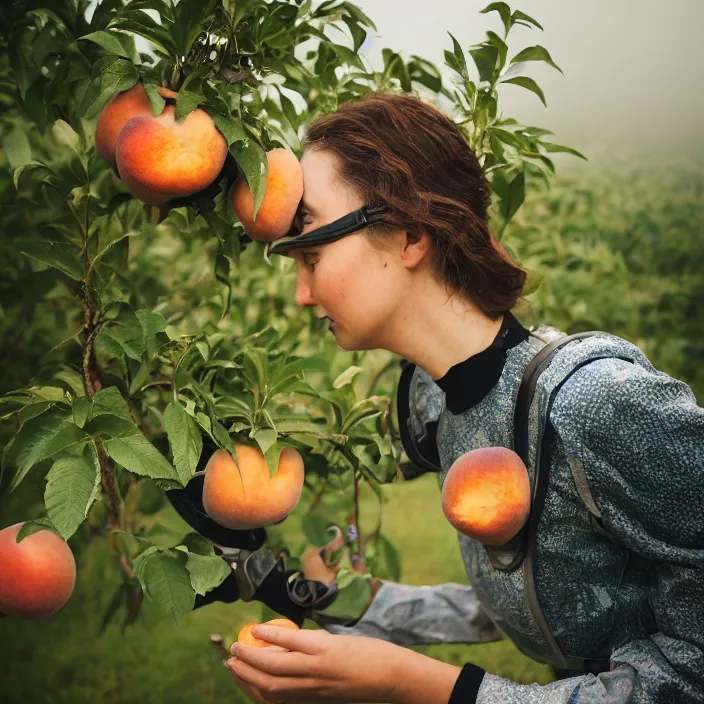 Prompt: a closeup portrait of a woman wearing a vintage diving helmet, picking peaches from a tree in an orchard, foggy, moody, photograph, by vincent desiderio, canon eos c 3 0 0, ƒ 1. 8, 3 5 mm, 8 k, medium - format print