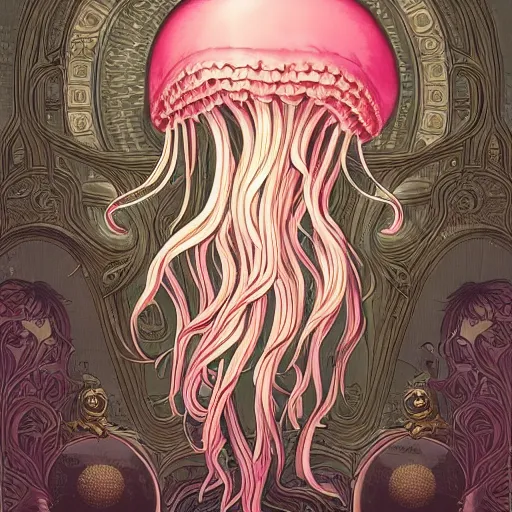 Prompt: childrenbook illustration of a huge standalone elaborate rococo pinkish jellyfish, in the style of ernst haekel, with cyberpunk liberty and flemish baroque details. hd matte background