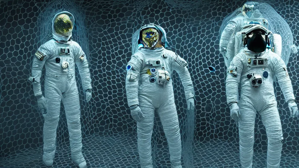 Image similar to a single astronaut eva suit made of diamond 3d fractal lace iridescent bubble 3d skin and covered with insectoid compound eye camera lenses floats through the living room, film still from the movie directed by Denis Villeneuve with art direction by Salvador Dalí, wide lens,