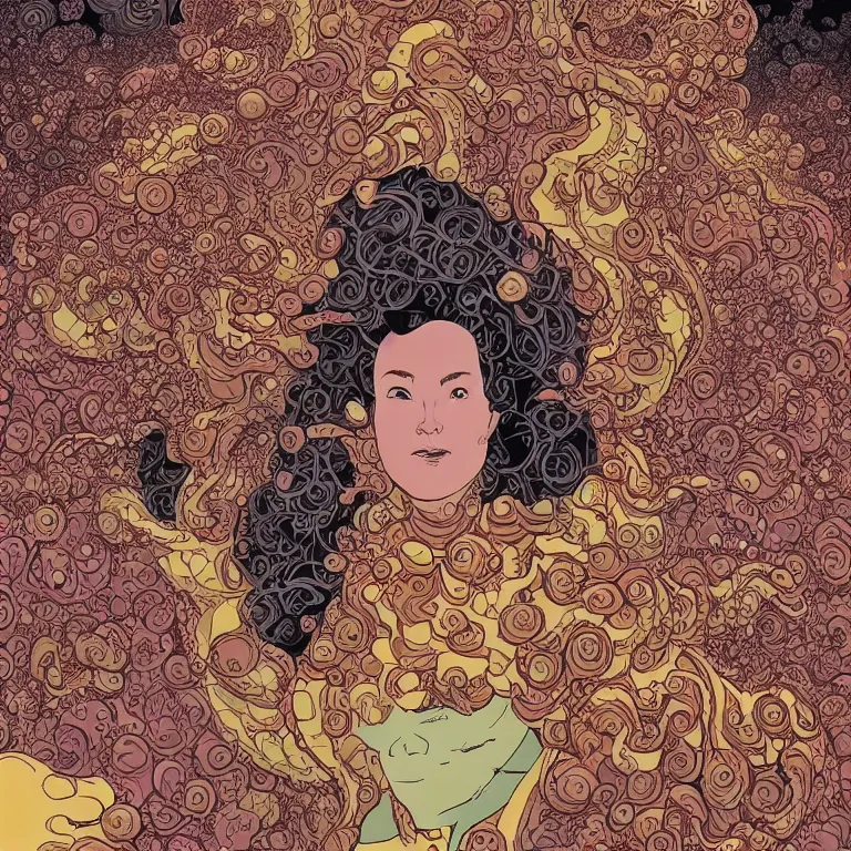 Image similar to portrait of a woman with swirling hair and fractal skin by geof darrow, retrofuturism, psychedelic art reimagined by industrial light and magic