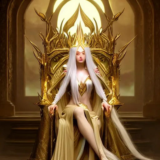 Prompt: tall elven queen sitting on the throne, full body, long white hair, pale skin, golden coloured eyes, stunning 3 d render inspired art by greg rutkowski and xiang duan and thomas eakes, realistic, highly detailed attributes and atmosphere, dim volumetric cinematic lighting, 8 k octane detailed render, post - processing, masterpiece,
