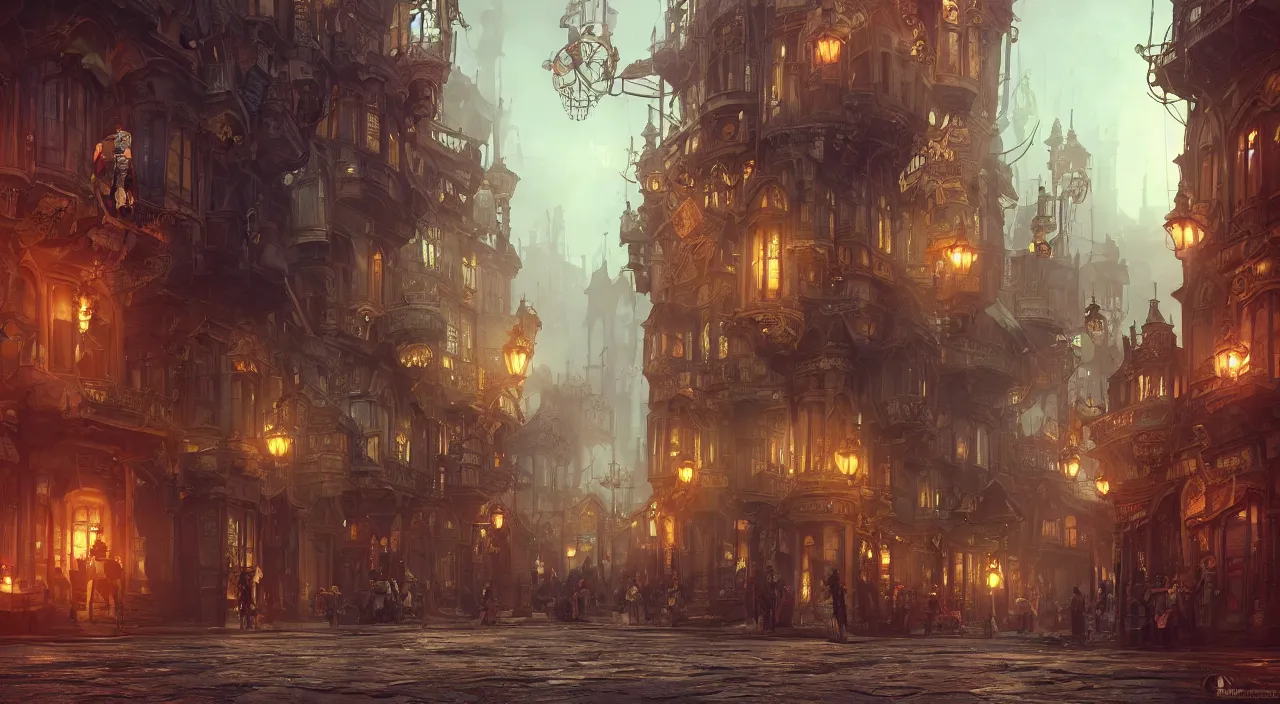 Image similar to a beautiful matte concept art painting of inside pov victorian style steampunk fantasy city streets with steampunk robots, concept art, deviantart, flickr, artstation, octane render, textured, colorful, very detailed, volumetric lighting, detailed lighting, octane render, 4 k, cinematic lighting, 8 k resolution