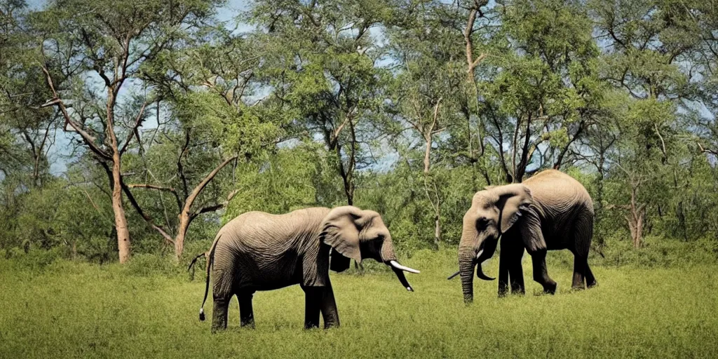 Prompt: photo of an elephant with trees growing from it top spine, in the background, a dead field of cut down trees