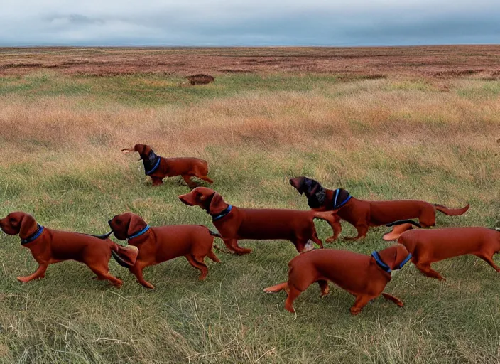 Image similar to Herd of dachshunds migrating in the Tundra, National Geographic photograph, very detailed, 8k