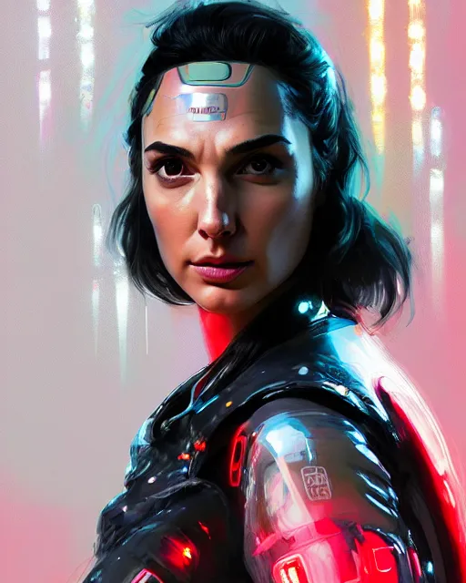 Image similar to detailed side profile portrait Gal Gadot, cyberpunk futuristic neon, reflective puffy coat, decorated with traditional Japanese ornaments by Ismail inceoglu dragan bibin hans thoma greg rutkowski Alexandros Pyromallis Nekro Rene Maritte Illustrated, Perfect face, fine details, realistic shaded, fine-face, pretty face