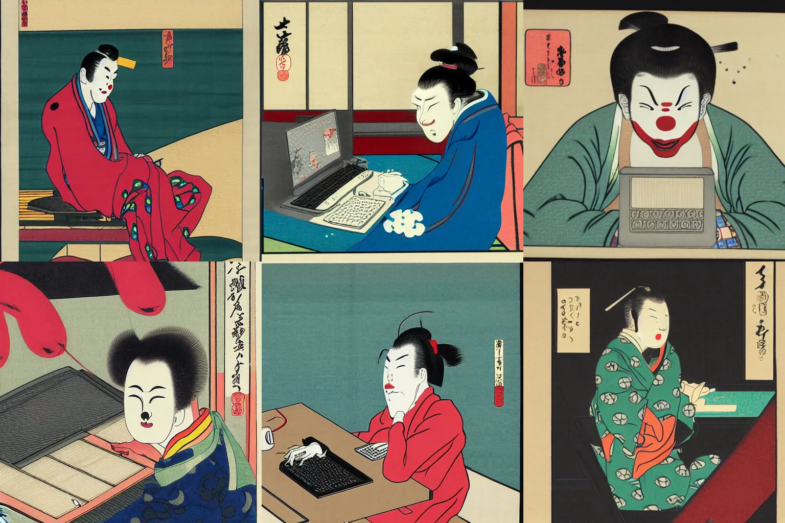 Prompt: a male software developer wearing a clown costume. he is sitting at a computer and is crying. people laughing at him in the background. Ukio-e art.