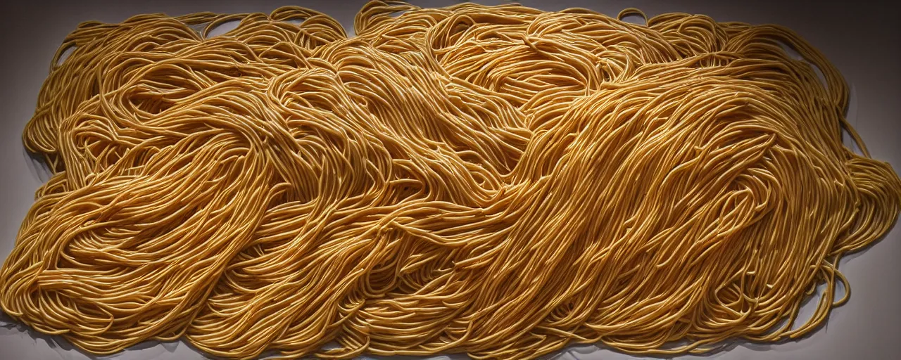 Image similar to famous sculpture made of spaghetti in ny museum of modern art, in the style of jeff koons, kodachrome film,, retro