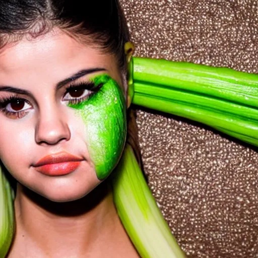 Image similar to selena gomez made out of celery, a human face with celery for hair, celery in the shape of a human face, a bunch of celery sitting on a cutting board, professional food photography, selena gomez wearing green face paint