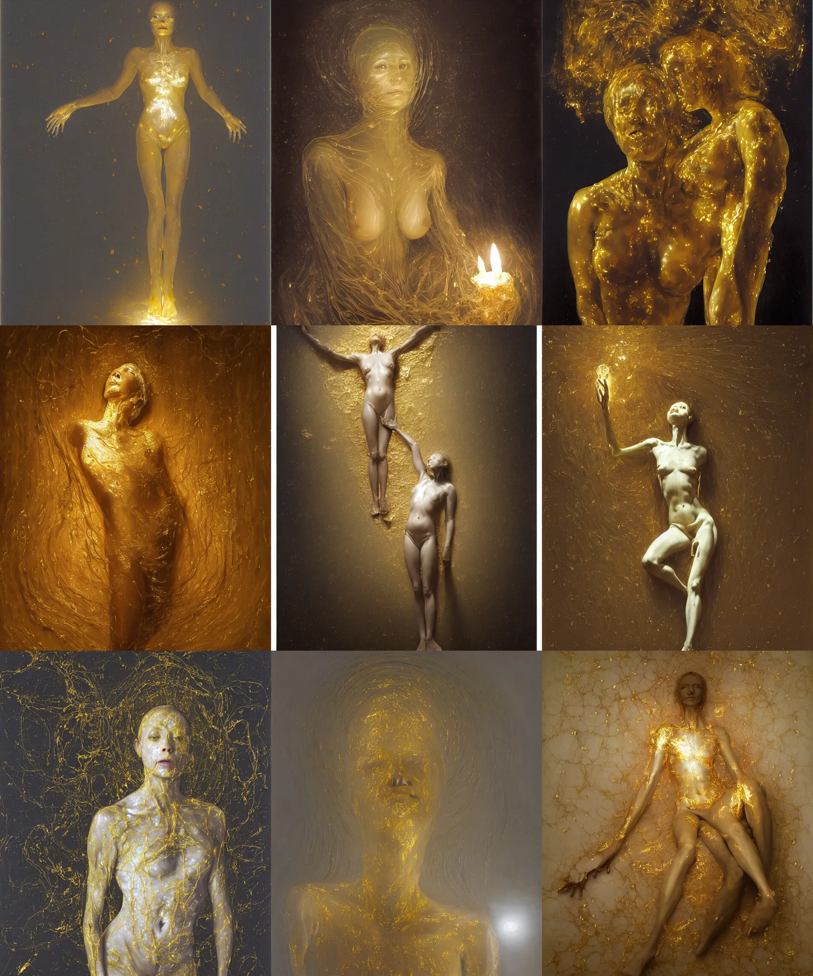 Prompt: Beautiful full-body wax sculpture of glowing transparent woman with visible gold bones covered with melted white candle wax inside the singularity where stars becoming baroque folds of dark matter by Michelangelo da Caravaggio, Nicola Samori, Ilya Repin, Alex Grey, William Blake, Beksinski and Greg Rutkowski, dramatic volumetric lighting, highly detailed oil painting, 8k, masterpiece