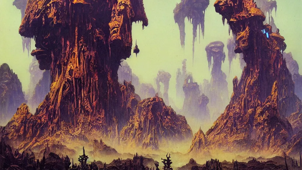 Image similar to surreal eerie alien planet empire with strange biomechanical plants by frank frazetta and bruce pennington, cinematic matte painting