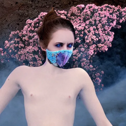 Prompt: The full body shot of beautiful pale woman on fire, with many flowers and full-face silver mask with, a thick black smoke in rocky desert landscape, landscape background, many reflection eyes, falling star on the background, dry earth by Christopher Doyle, Gaspar Noe, Tarkovsky, Alejandro Jodorowsky, anamorphic lens, cinematic composition, award winning photo, 8k