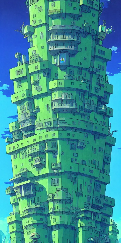 Image similar to a huge blue tiled apartment building of howl's moving castle ghibli, by vincent di fate nausicaa, ghibli, breath of the wild, epic composition, green plants