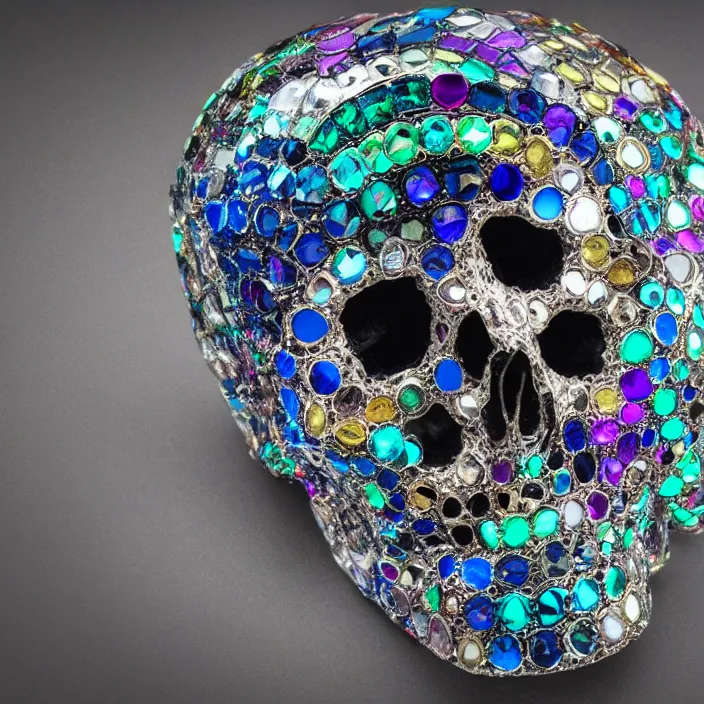 Prompt: jewelry skull made of prismatic crystals, dark background, studio shot