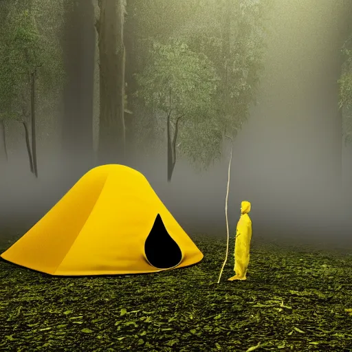 Image similar to photo studio rainforest with foggy background. yellow tent on floor. fisherman in balenciaga cloth, plastic bag and black mask. photorealistic high resolution, redshift render, 8 k